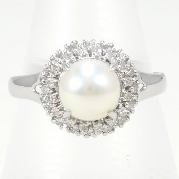 Design Ring, Approx. 7mm, Platinum PT900 with Pearl, Size 16, Silver for Women in Excellent Condition