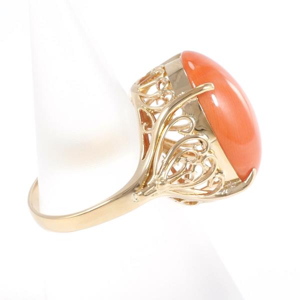 [LuxUness]  K18 18K Yellow Gold Ring with Coral, Size 9 - Approximate Total Weight 6.0g in Excellent condition