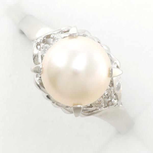 PT900 Platinum Pearl Ring 13号 with Diamond in Excellent Condition