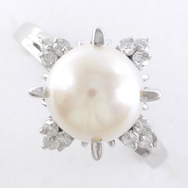 PT900 Platinum Ring with 9mm Pearl and 0.19ct Diamond in Excellent Condition