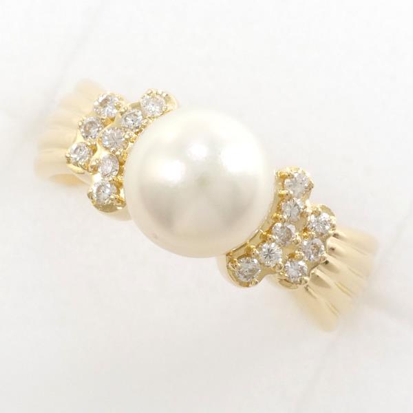 K18 Yellow Gold, Size 9 Ladies Ring with Pearl (approx. 7.5mm) and 0.17ct Diamond in Excellent Condition