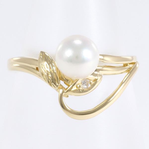 K18 Yellow Gold Ring with Pearl and Diamond in Excellent Condition