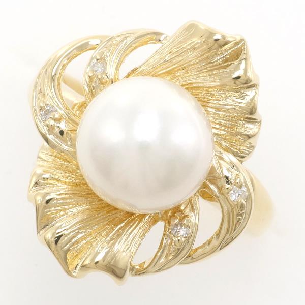 K18 Yellow Gold Ring with Pearl & 0.03 Diamond - Size 9.5, 8mm Pearl, Weight Approximately 4.9g in Excellent Condition