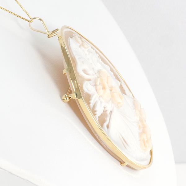K18 Yellow Gold & Shell Cameo Necklace/Brooch - Length Approximately 44cm, Weight 15.9g