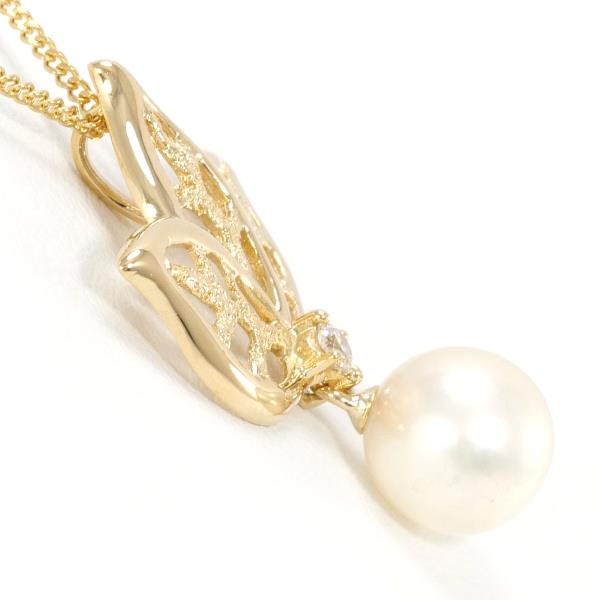 [LuxUness]  K18 18K Yellow Gold Necklace with Pearl and 0.04ct Diamond, Total weight approximately 3.7g, Length around 40cm (Ladies, Pre-owned) in Excellent condition