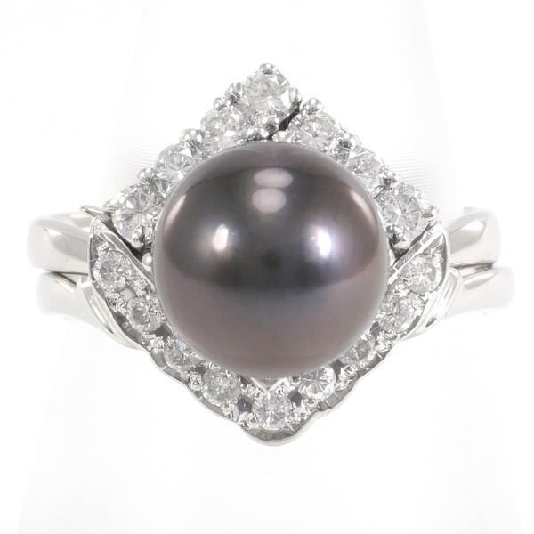 PT900 Platinum Ring with Black Pearl and Diamond in Excellent Condition