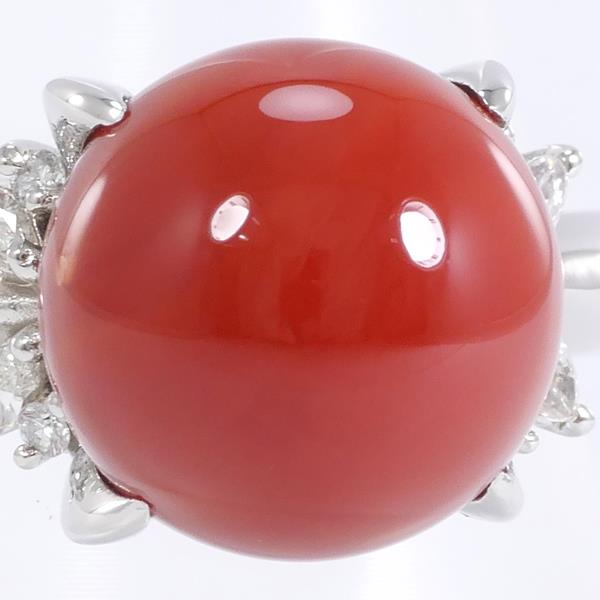 PT900 Platinum Ring with Coral and Diamond in Excellent Condition