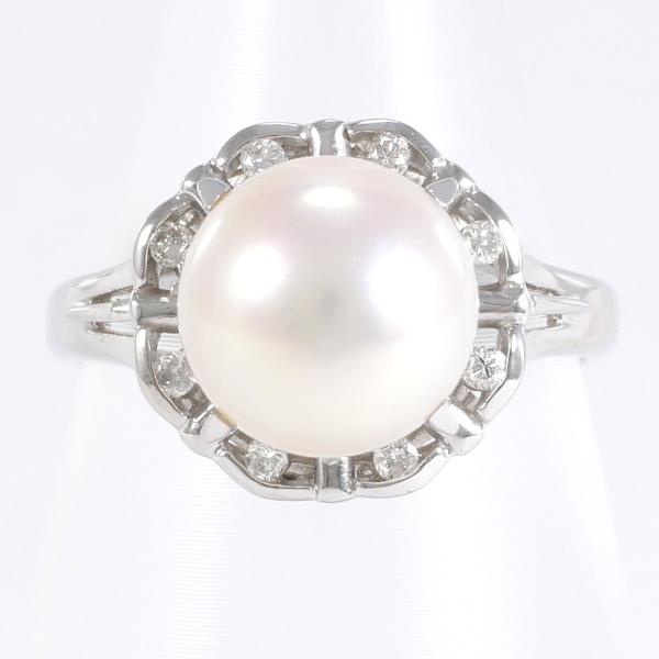 PT850 Platinum Ring with 9mm Pearl and 0.09ct Diamond in Excellent Condition