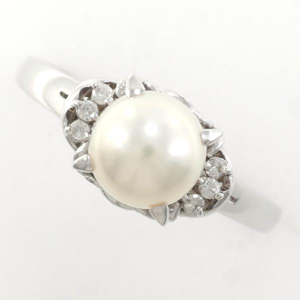 PT900 Platinum Ring with 7.5mm Pearl and 0.08ct Diamond in Excellent Condition