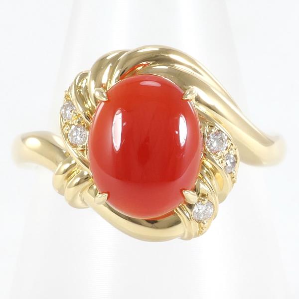 K18 Yellow Gold Ring with Coral and Diamond in Excellent Condition