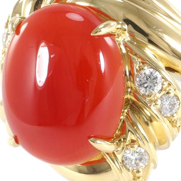 K18 Yellow Gold Ring with Coral and Diamond in Excellent Condition