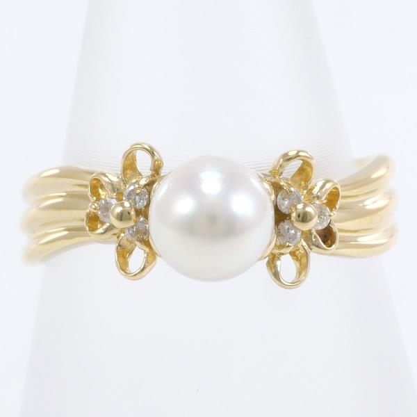 K18 Yellow Gold Pearl Ring with Diamond in Excellent Condition