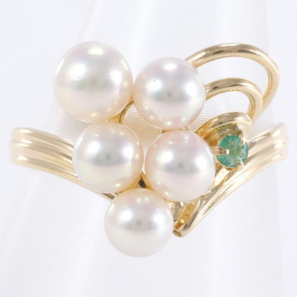 K18 Yellow Gold Ring with Pearl and Emerald in Excellent Condition