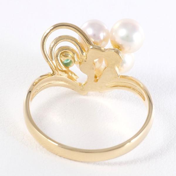 K18 Yellow Gold Ring with Pearl and Emerald in Excellent Condition