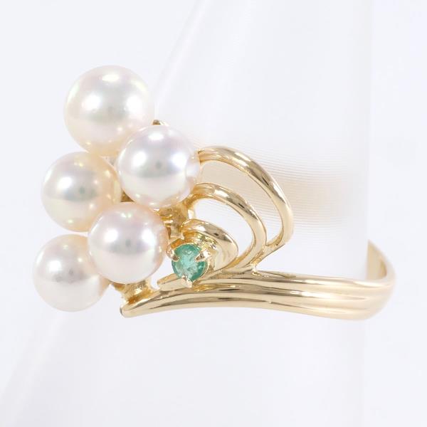 K18 Yellow Gold Ring with Pearl and Emerald in Excellent Condition