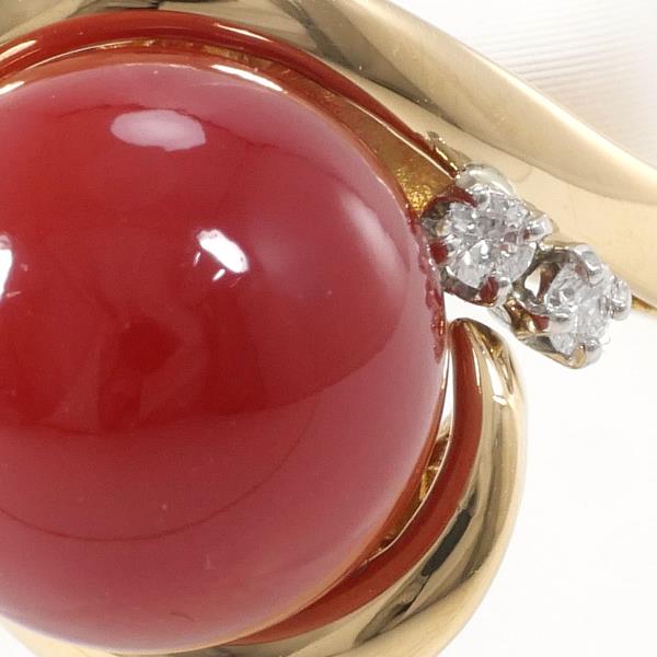 K18 Yellow Gold Ring with Coral and Diamond, Size 10 in Pristine Condition