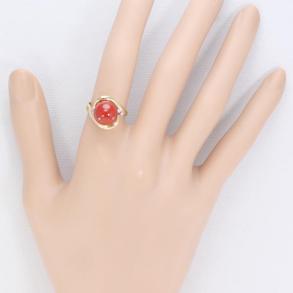 K18 Yellow Gold Ring with Coral and Diamond, Size 10 in Pristine Condition