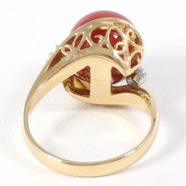 K18 Yellow Gold Ring with Coral and Diamond, Size 10 in Pristine Condition