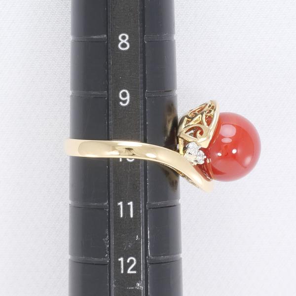 K18 Yellow Gold Ring with Coral and Diamond, Size 10 in Pristine Condition