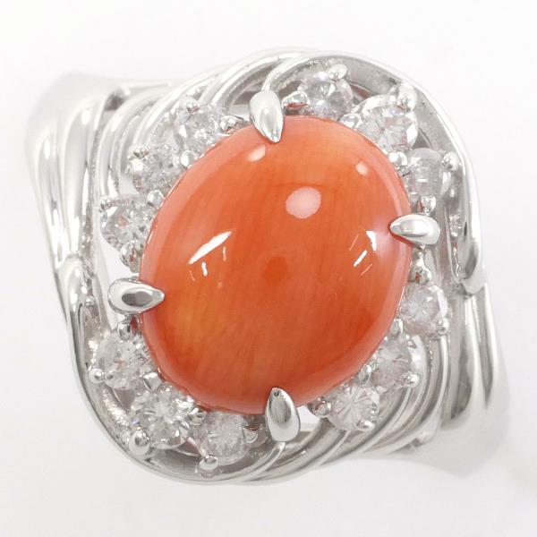 PT900 Platinum Ring with Coral and Diamond in Excellent Condition