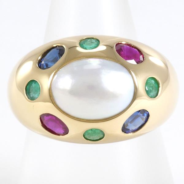 K18 Yellow Gold Ring with Pearl, Emerald, Ruby, Sapphire in Excellent Condition