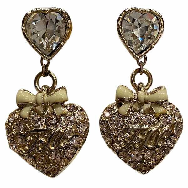 Jill Stuart Heart Ribbon Gold 2WAY Metal Zircon Earrings in Great Condition