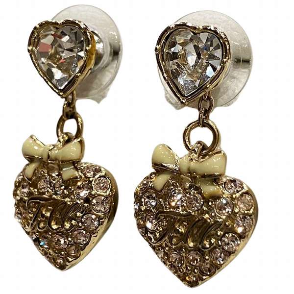 Jill Stuart Heart Ribbon Gold 2WAY Metal Zircon Earrings in Great Condition