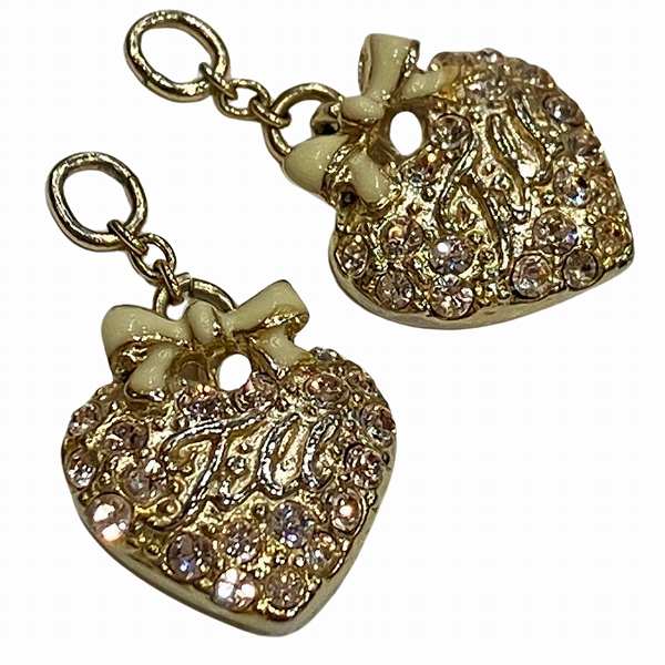 Jill Stuart Heart Ribbon Gold 2WAY Metal Zircon Earrings in Great Condition