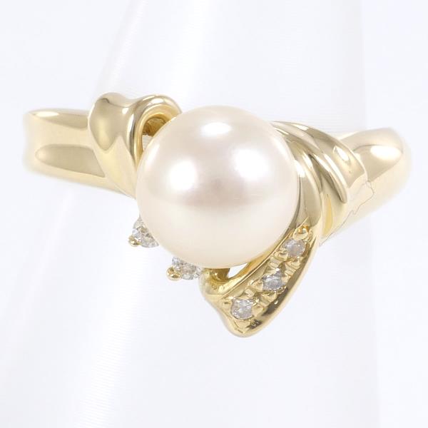 K18 Yellow Gold Ring with 7mm Pearl and Diamond in Excellent Condition