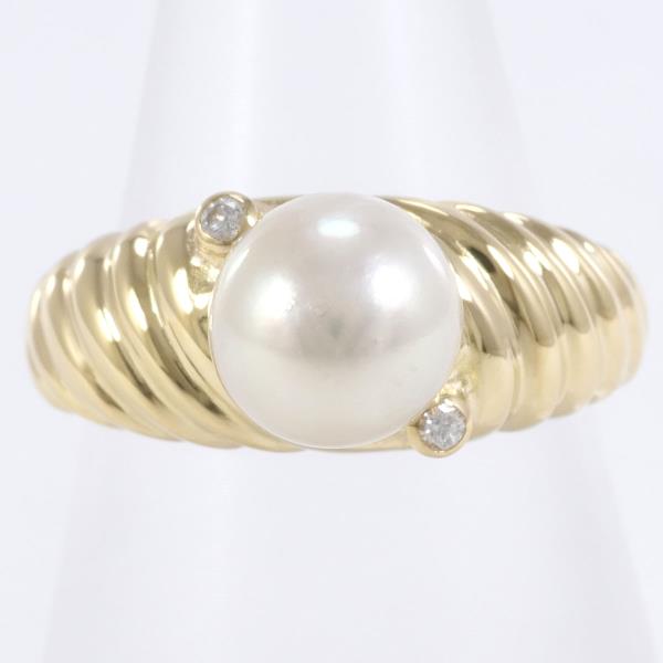 K18 Yellow Gold Pearl Ring with Diamond in Excellent Condition