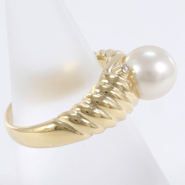 K18 Yellow Gold Pearl Ring with Diamond in Excellent Condition