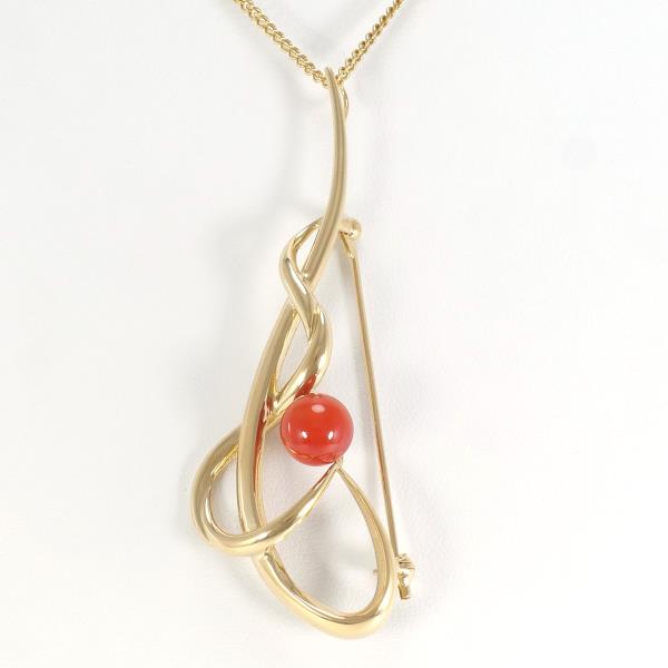 K18 Yellow Gold Necklace Brooch with Natural Coral in Pristine Condition