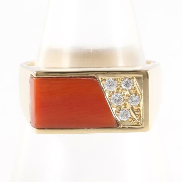 K18 Yellow Gold Ring with Coral and Diamond in Excellent Condition