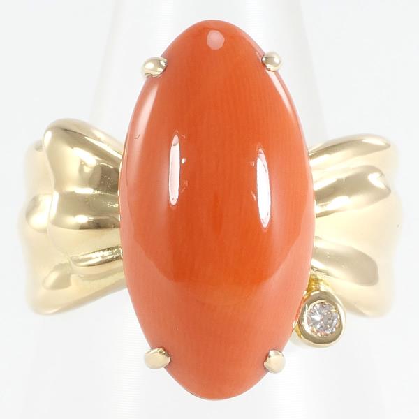 K18 Yellow Gold Ring with Coral and Diamond in Excellent Condition