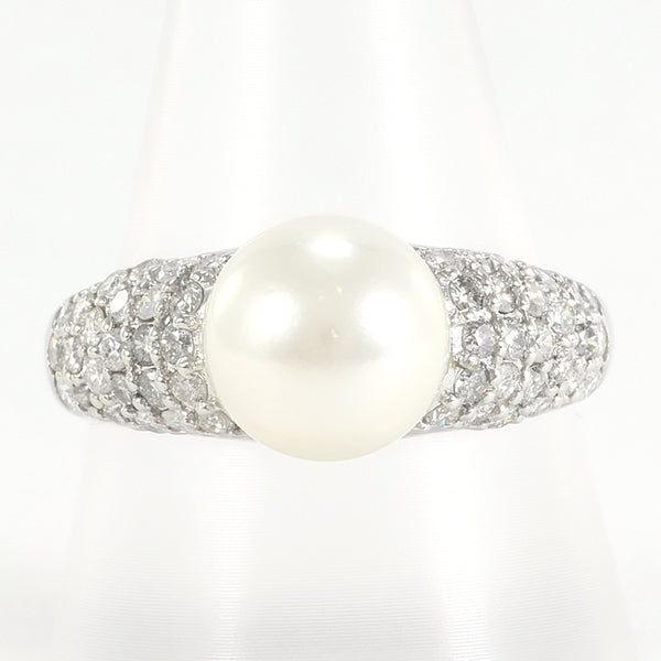 PT900 Platinum Ring with Akoya Pearl and Diamond in Excellent Condition