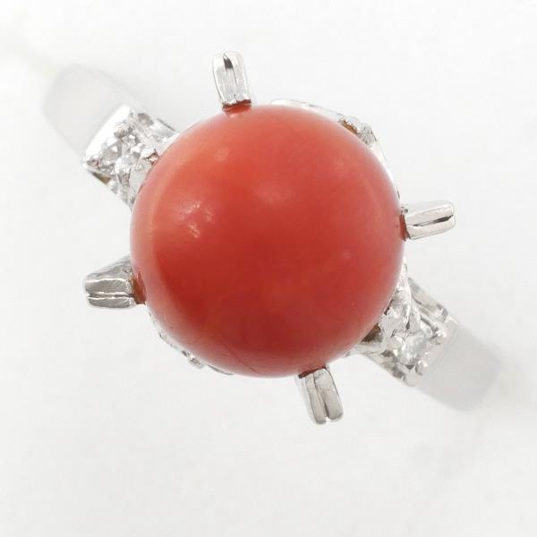 PT900 Platinum Ring with Coral and Diamond in Excellent Condition