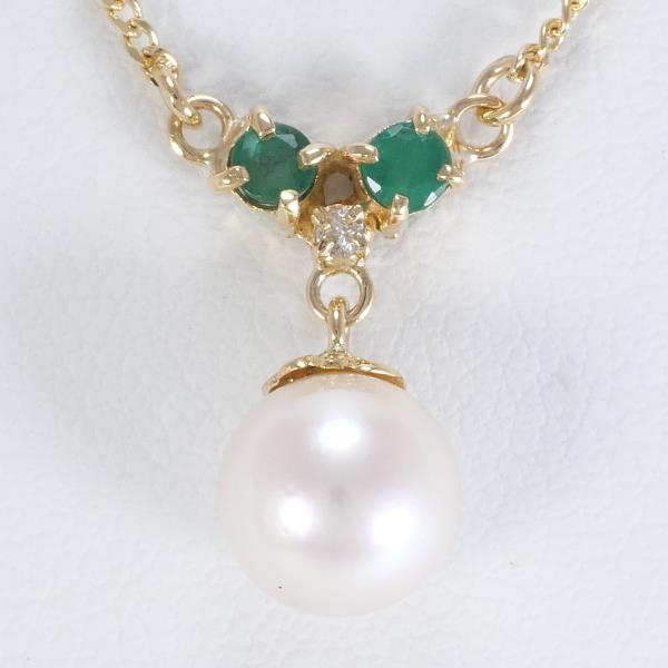 K18 Yellow Gold Pearl Emerald Diamond Necklace in Pristine Condition