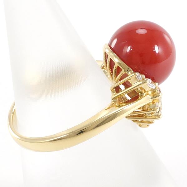 K18 Yellow Gold Ring with Coral and Diamond, Size 10 in Excellent Condition