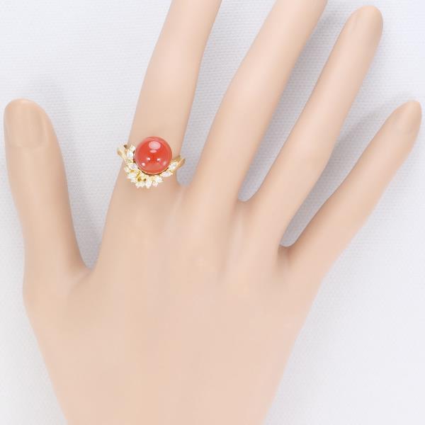 K18 Yellow Gold Ring with Coral and Diamond, Size 10 in Excellent Condition