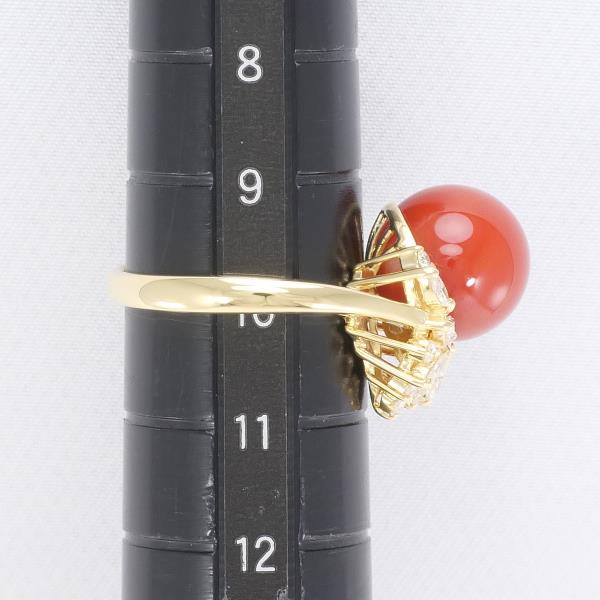 K18 Yellow Gold Ring with Coral and Diamond, Size 10 in Excellent Condition