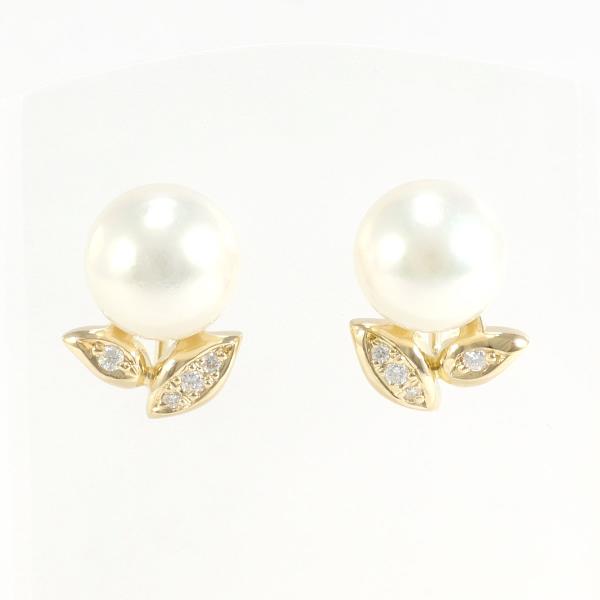 K18 Yellow Gold Pearl Earrings with Diamonds in Great Condition