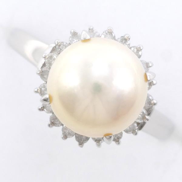 PT900 Platinum Ring with 9mm Pearl and 0.21ct Diamond in Excellent Condition