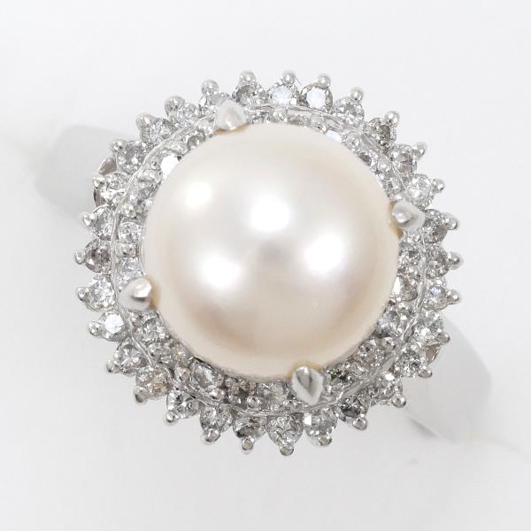 PT900 Platinum Ring with 9mm Pearl and 0.44ct Diamond in Excellent Condition