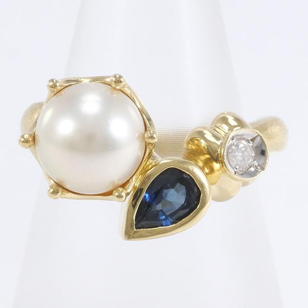 K18 Yellow Gold Ring with Akoya Pearl, Sapphire, and Diamond in Excellent Condition