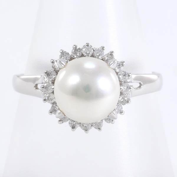 PT900 Platinum Ring with 8mm Pearl and 0.20ct Diamond in Excellent Condition