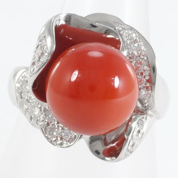 PT900 Platinum Ring with Coral and Diamond in Excellent Condition