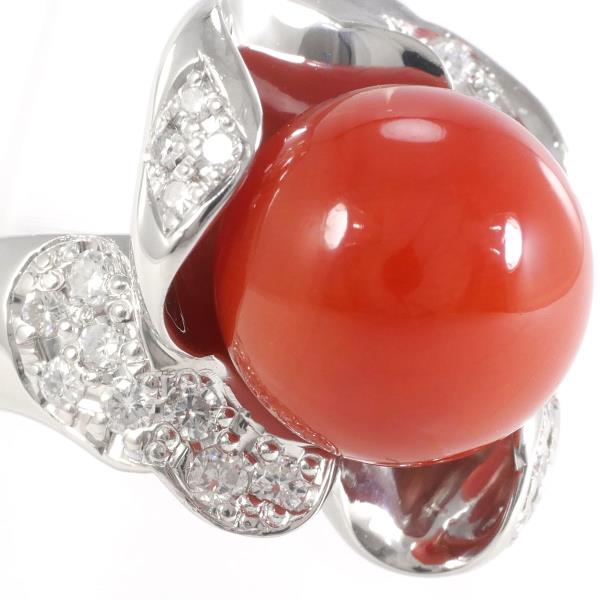 PT900 Platinum Ring with Coral and Diamond in Excellent Condition