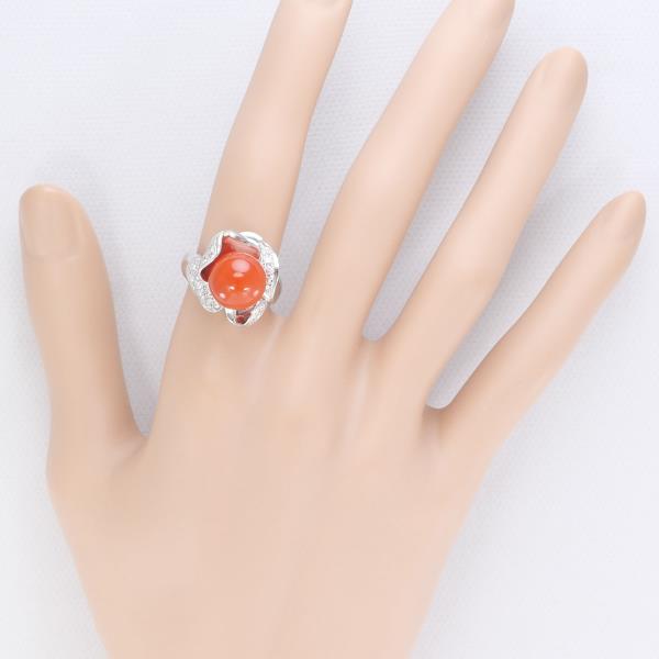 PT900 Platinum Ring with Coral and Diamond in Excellent Condition