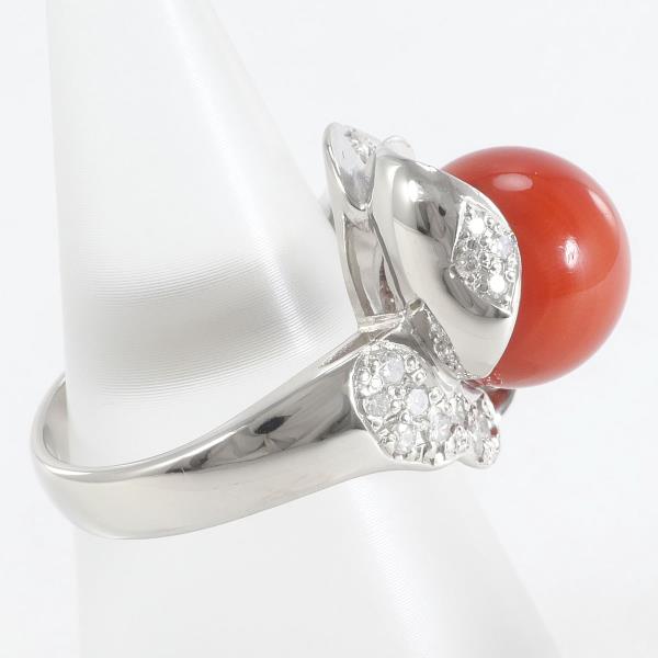 PT900 Platinum Ring with Coral and Diamond in Excellent Condition