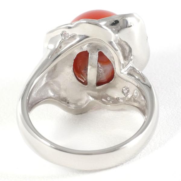 PT900 Platinum Ring with Coral and Diamond in Excellent Condition